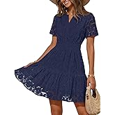 MEROKEETY Women's Spring Summer Lace Boho Dress 2026 Short Sleeve Eyelet Floral Ruffle A Line Vacation Beach Mini Dresses