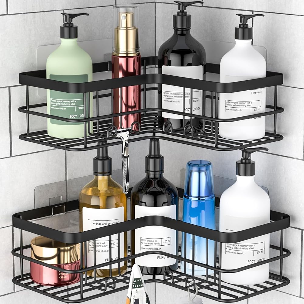 Yazoni Corner Shower Caddy No Drilling Adhesive Shelf 2 Pack Black