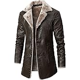Rayiisuy Men's Faux Leather Jacket Thick Faux Fur Shearling Lapel Collar Botton Down Long Trench Coats Black Brown