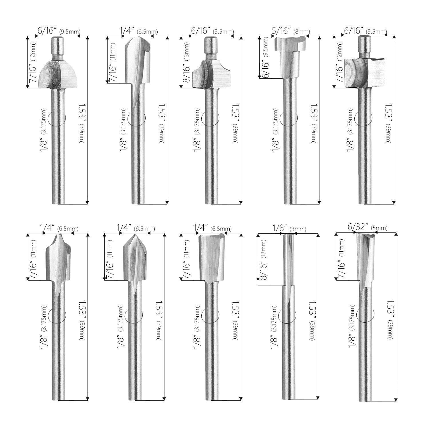 SPTA 10Pc HSS Router Carbide Engraving Bits & 10Pcs Router Bit 1/8"(3mm) Shank for Rotary Tools for DIY Woodworking, Carving, Engraving, Drilling: Industrial & Scientific