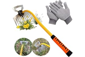 Doubleggs Weed Puller Tool, 11 Teeth Durable Garden Weed Pulling Tool, Portable Garden Weeder Tool with Gloves for Vegetable Gardening, Backyard Farm Weeding Tool