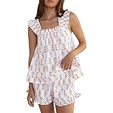 Sastianaen Womens Summer Floral Pajama Sets Ruffle Trim Cami and Casual Shorts Set Cute 2 Piece Cotton Loungewear Set