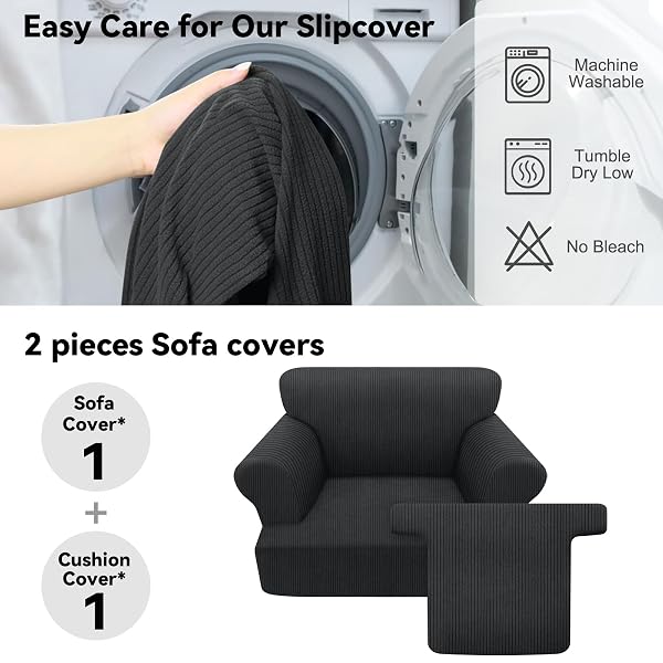 PFRSTUV WATERPROOF CHAIR COVER WITH ARMS 2-PIECE SET STRIPED SLIPCOVER FOR 1 SEPARATE T CUSHION COUCH – TPU FABRIC ARMCHAIR COVERS LEAKPROOF COUCH PROTECTOR FOR KIDS, PETS(CHAIR, DARK GRAY)