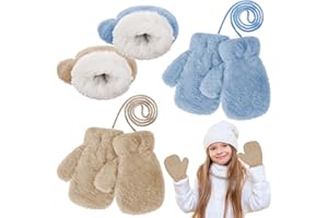 2 Pairs Winter Mittens, Warm Magic Stretch Gloves Thick Fleece Padded, Thermal Gloves with Anti-Lost String for Kids