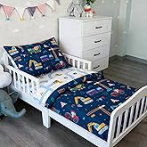 NTBED 4 Pieces Construction Truck Toddler Bedding Set for Baby Boys, Flags Vehicles Excavator Cars Printed, Includes Comforter, Flat Sheet, Fitted Sheet and Pillowcase,Navy