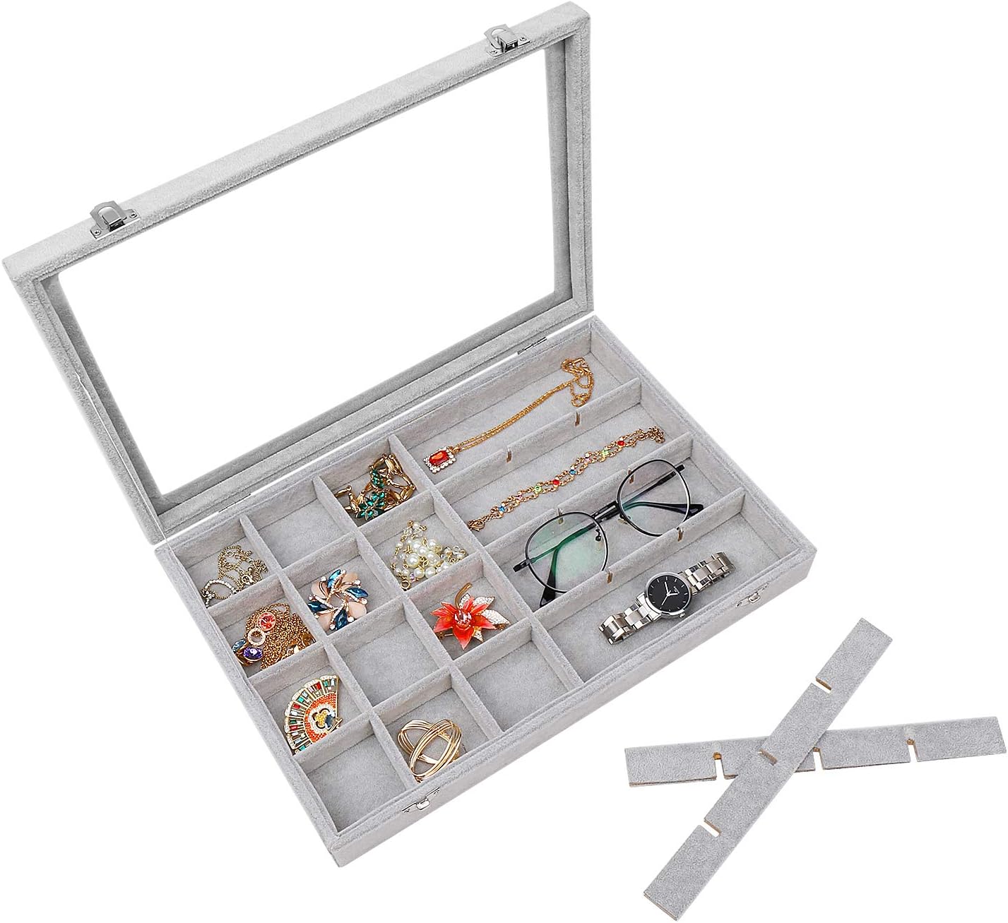 STYLIFING Clear Lid Velvet 24 Grid Jewelry Tray Transparent Jewelry Display Showcase Lockable Felt Jewelry Storage Organizer Charm Box Holder Gifts for Girls Women: Home & Kitchen