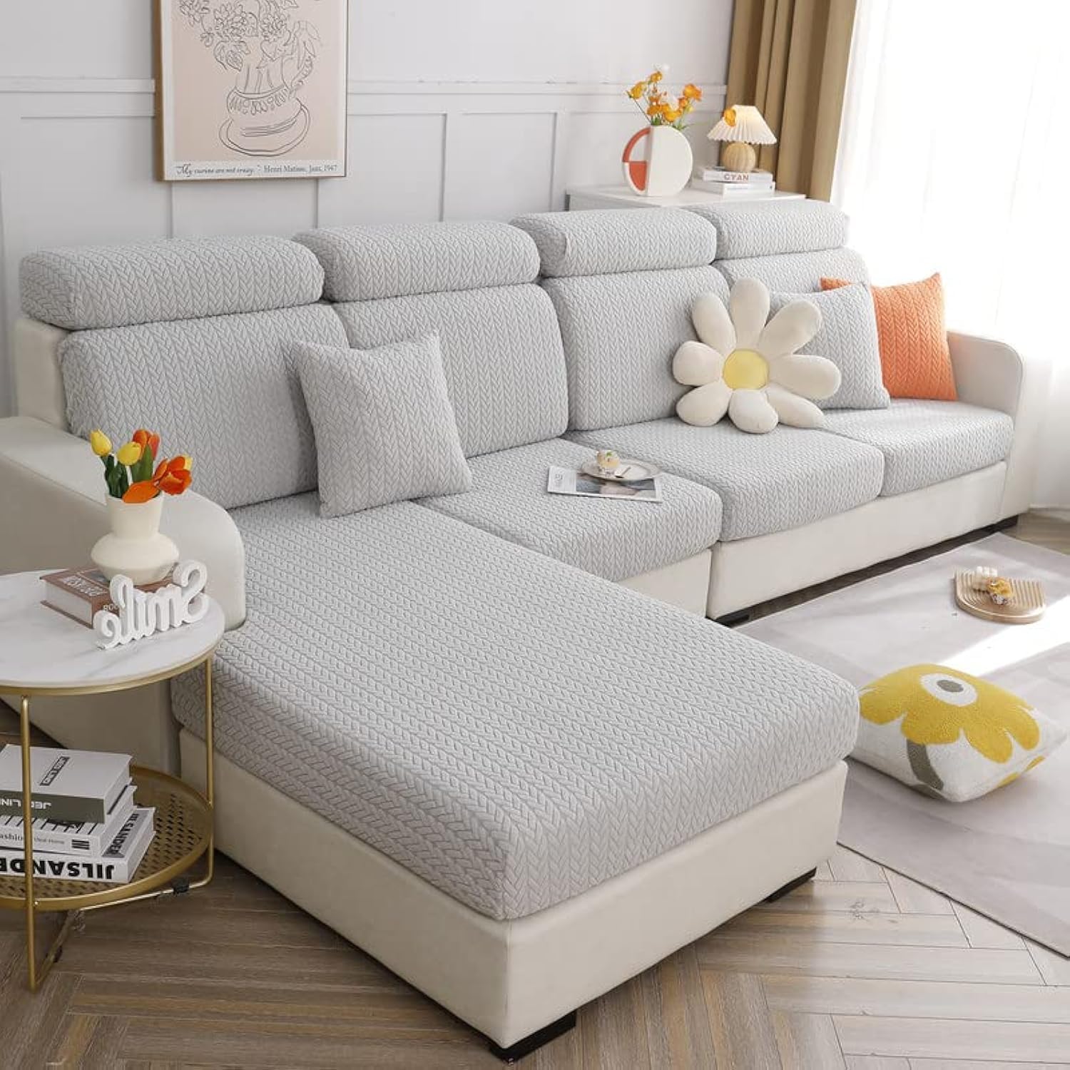 Universal Stretch Sofa Seat Cushion Cover - L Shape Slipcover for Couch, Chaise, and Cushion Protector (Light Grey Wheat)