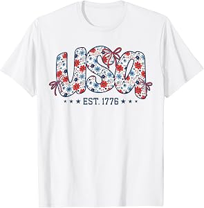 USA Est 1776 Coquette Bow 4th of July USA Floral Girl Preppy T-Shirt