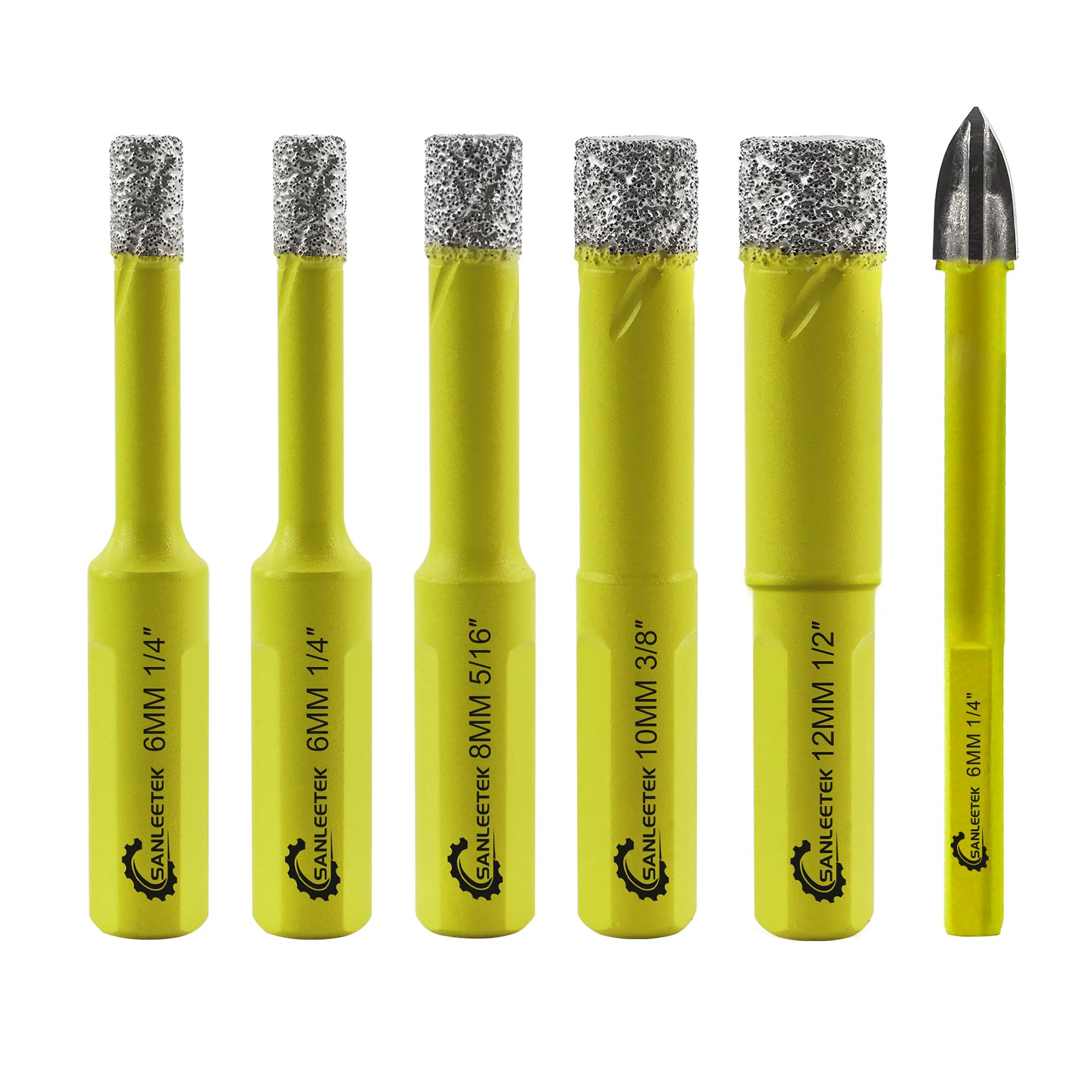 Dry Diamond Drill Bits Set - 5pcs 6/6/8/10/12mm SANLEETEK Hole Saw Kit and 1pc 6mm Carbide Drill with Triangle Shank for Ceramic Porcelain Tile Granite Marble Quartz Stoneware