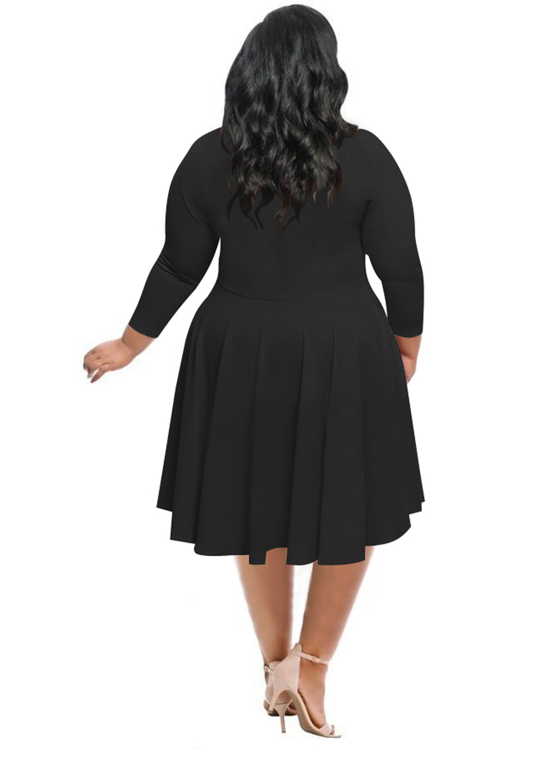 WFTBDREAM Womens Solid Stretch Knee Length Dress with Sleeve Swing Skirt Black 2XL