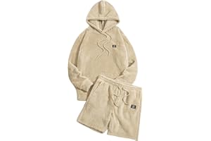 Verdusa Men's 2 Piece Tracksuit Sets Fleece Fuzzy Hooded Sweatshirt and Shorts