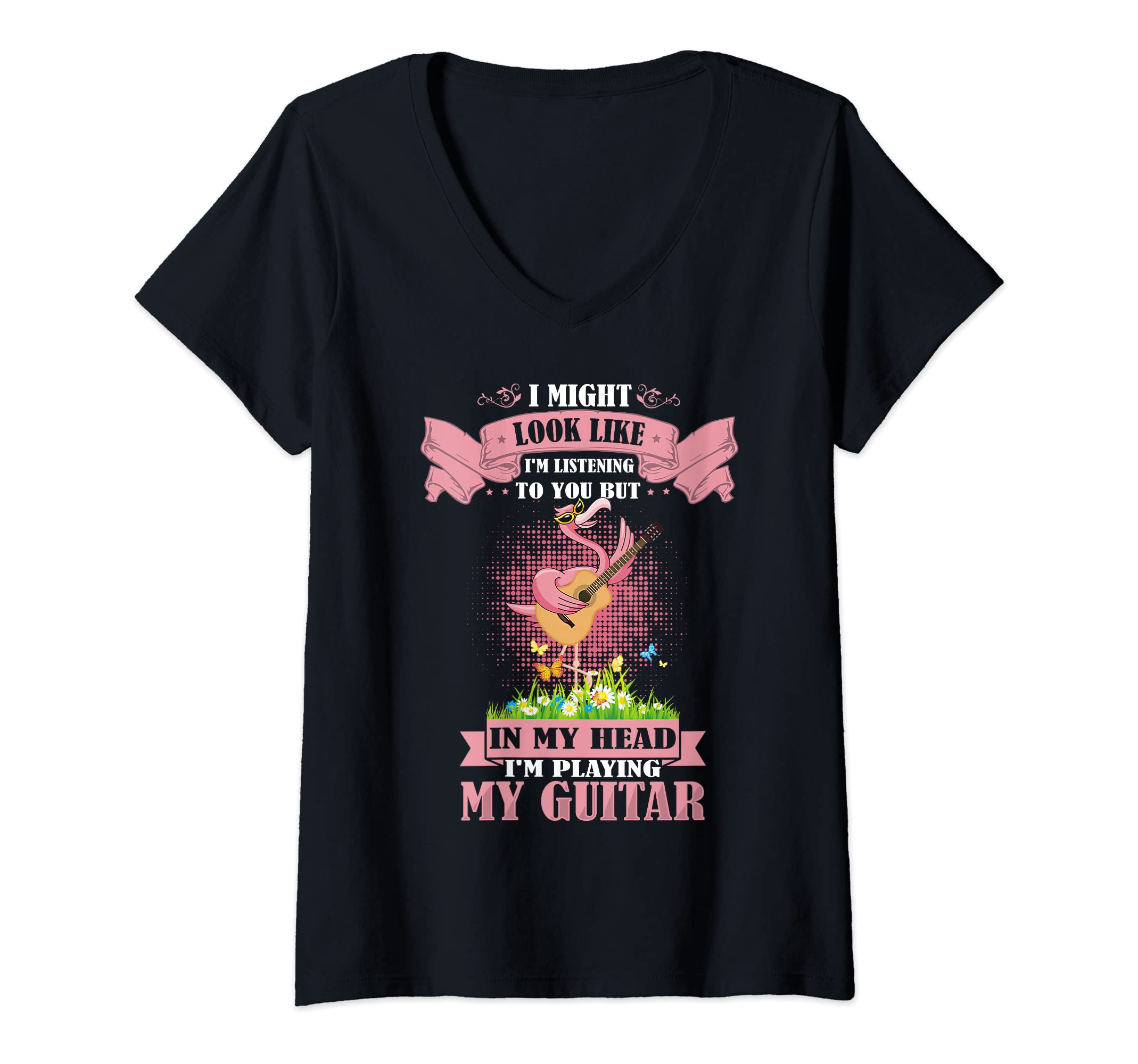 Womens Flamingo Playing Acoustic Guitar Musical Fans Band Lover V-Neck T-Shirt