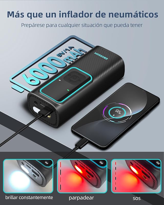 Compresor Aire Portátil de 10,3Bar, Inflador Ruedas Coche a Batería 6000 mAh y 12V DC, Mini Inflador Electrico para Auto, Moto, Bicicleta y Pelota, Bomba de Aire con Función de Luz LED, Carga USB-C