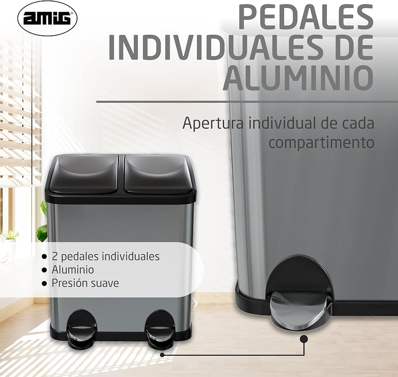 Amig - lixeira dupla com pedais | lixeira anti-impressão digital para cozinha | aço inoxidável | 2 compartimentos x 15 l | 48x32x40cm | prata