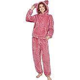 COZYPOIN Women's Fuzzy Pajamas Sets Hooded Bear Ear Fluffy Fleece Loungewear Sleep Pullover Top Pants 2 Piece Outfits Pockets