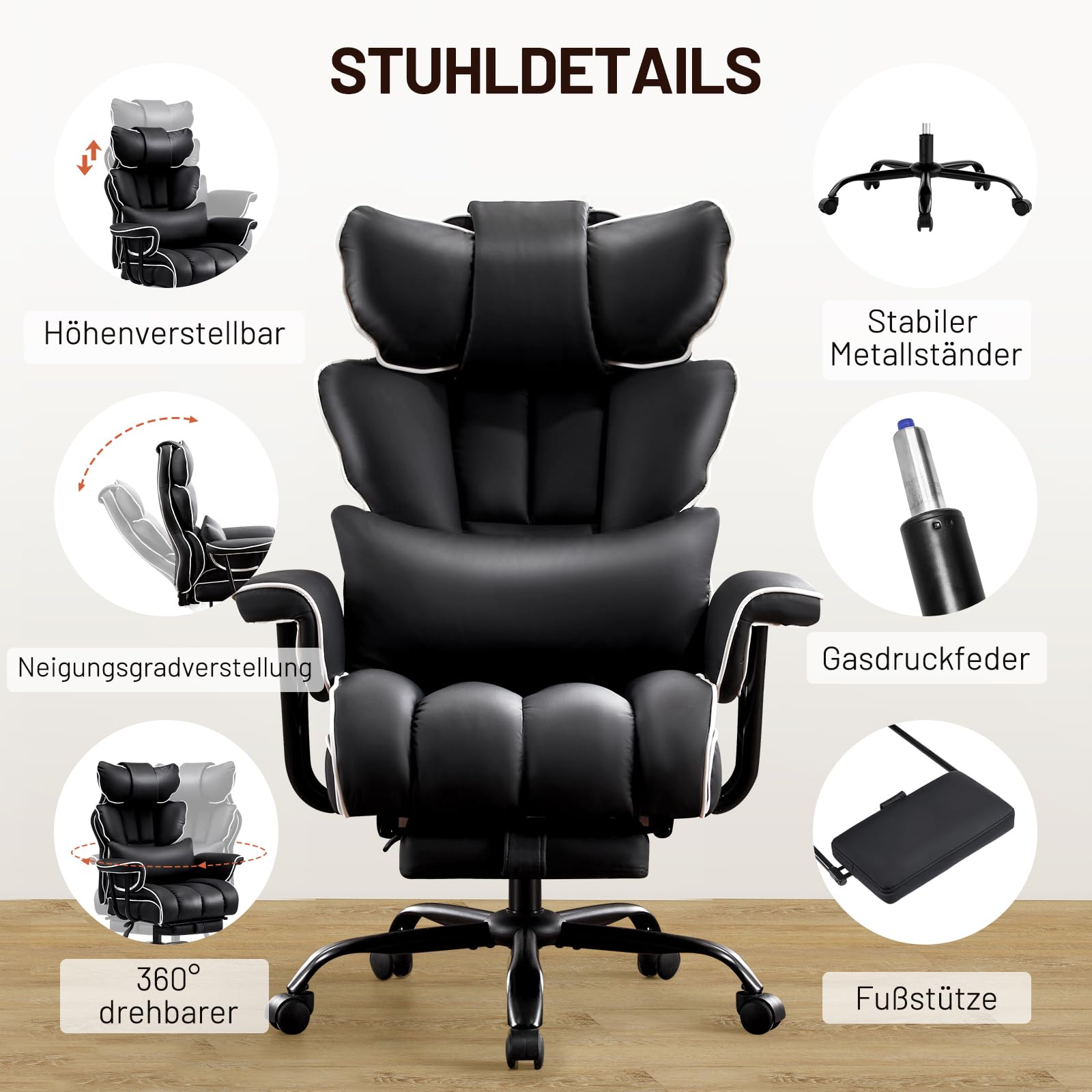 Ckaff Bürostuhl Chefsessel Ergonomisch, Gaming Stuhl aus PU Leder, Bürostuhl 200kg mit Fußstütze und Lendenwirbelstütze, Schreibtischstuhl mit Verstellbarer Rückenlehne (Schwarz) 6