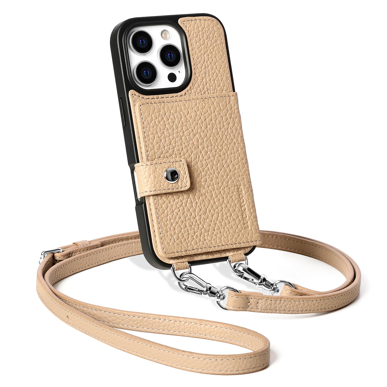 LUCKYCOIN Crossbody Wallet Case for iPhone 16 Pro – Compatible with MagSafe, Premium Cowhide Leather with RFID-Blocking Card Holder & Adjustable Strap, Magnetic Hands-Free Phone Purse (Beige)