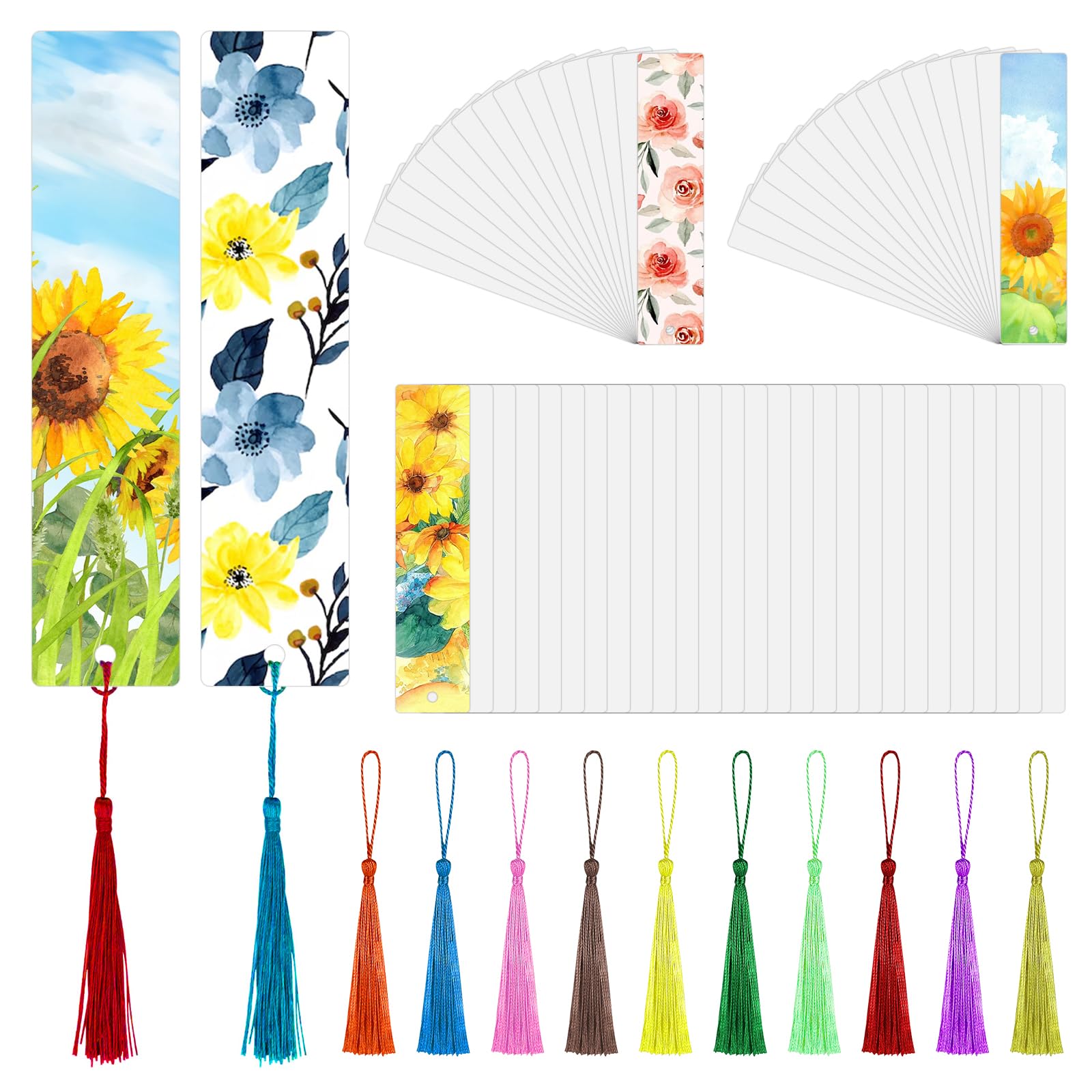 Photo 1 of 100Pcs Sublimation Bookmarks Blank with 100 Colorful Tassels - Bulk DIY Double-Side Heat Transfer Craft Bookmarkers for Gifts, Birthday, Wedding