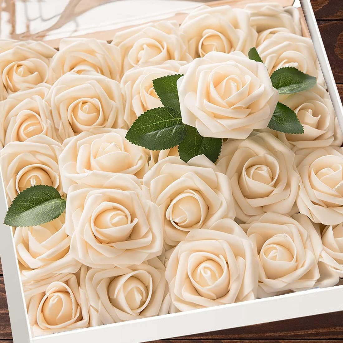 Photo 1 of Higfra Artificial Flowers 50 Stems Realistic Roses - Lifelike Fake Flowers for Wedding Bouquets, Baby Shower Decor, Home Centerpieces, DIY Floral Arrangements (Champagne, 50pcs)