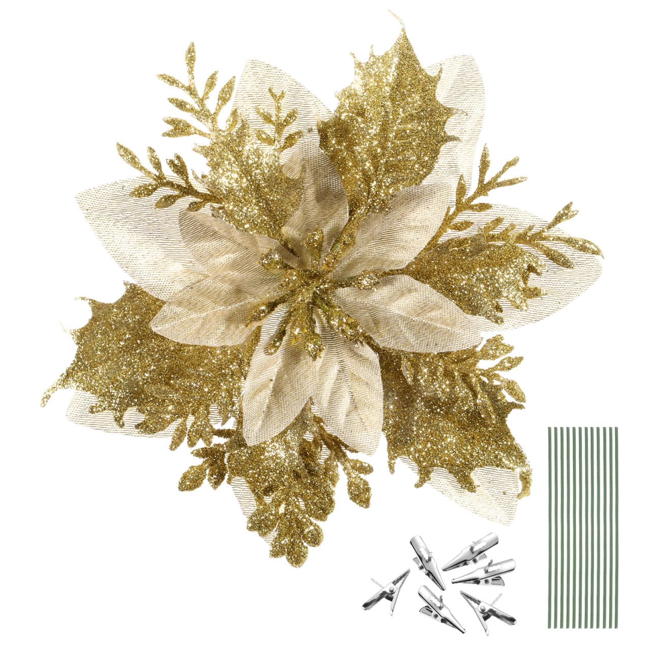 NUOBESTY Christmas Glitter Poinsettia Flowers, Gold Artificial Glitter Poinsettia Flowers Christmas Tree Flowers for Christmas Wedding Party Wreath with Stems and Clips 12pcs