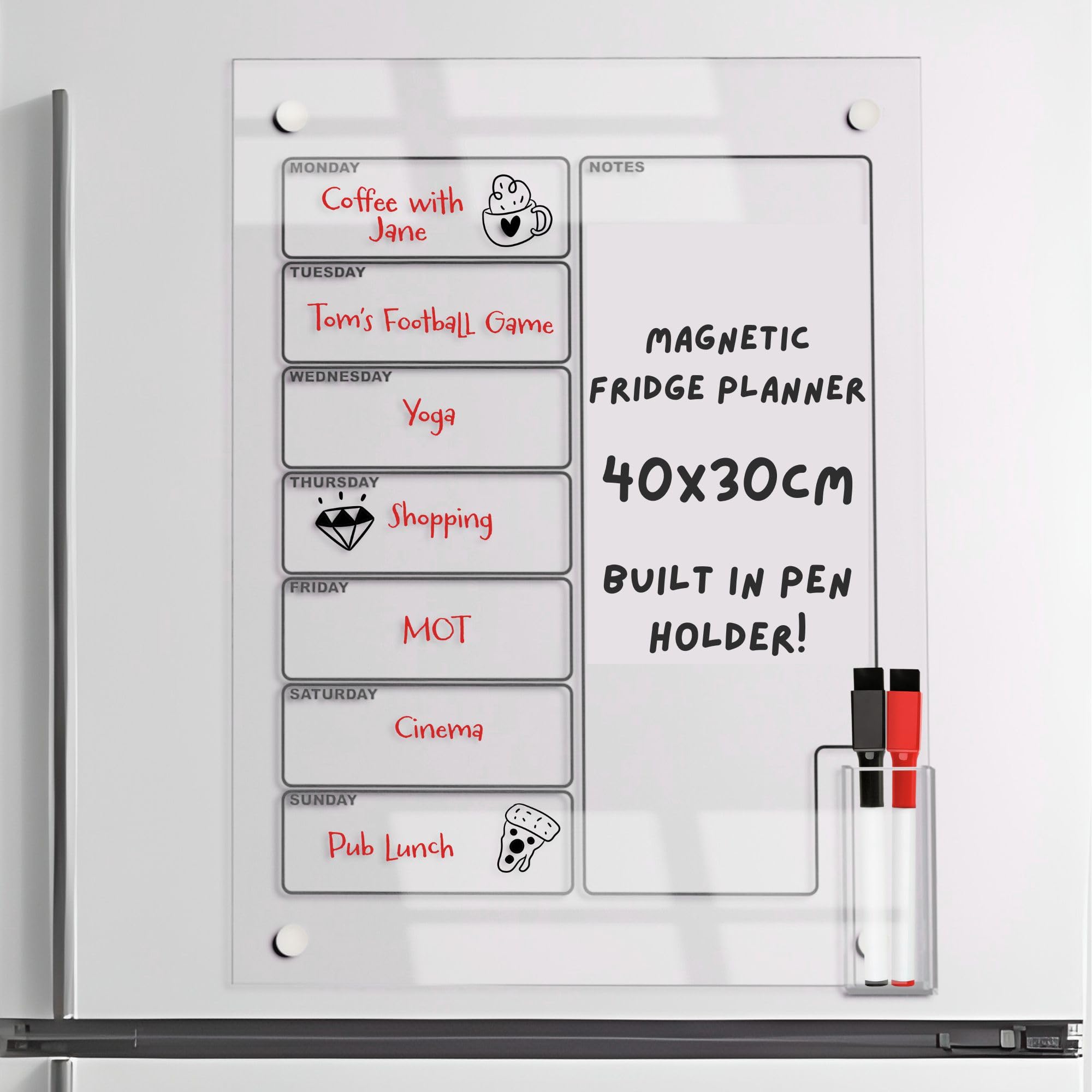 Magnetic Fridge Planner by Acrylic Hub. 15.7"x11.8"x1.1" Fridge Meal Planner Board with Built in Pen Holder. Clear Acrylic Magnetic Calendar for Fridge, Weekly Planner Magnetic with 2 Pens.