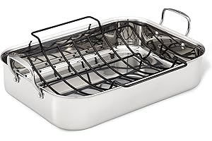 Anolon Triply Clad Stainless Steel Roaster / Roasting Pan with Rack - 17 Inch x 12.5 Inch, Silver