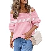 MEROKEETY Women's Off Shoulder Sweater 2025 Fall Winter Fashion Oversized Ribbed Knit Striped Pullover Tops