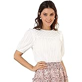 Allegra K Women's Cotton Blouse 2025 Summer Ruffle Shirt Frilled Round Neck Short SleeveTop