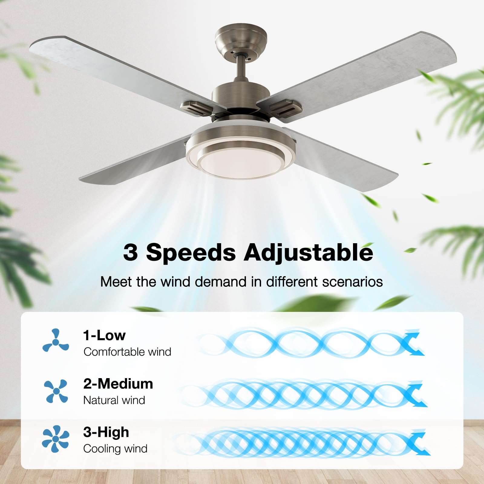 warmiplanet Ceiling Fan with Lights Remote Control, 52 Inch, Brushed Nickel Motor (4-Blades)