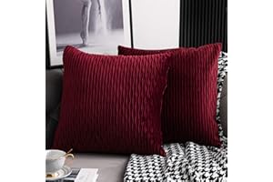 DEZENE Burgundy Red Throw Pillow Covers: 2 Pack Inch Original Striped Velvet Square Decorative Pillow Cases for Farmhouse Couch