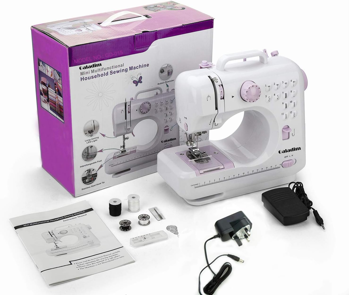 Galadim Mini Sewing Machine (UK Plug, 12 Stitches, 2 Speeds, LED Sewing