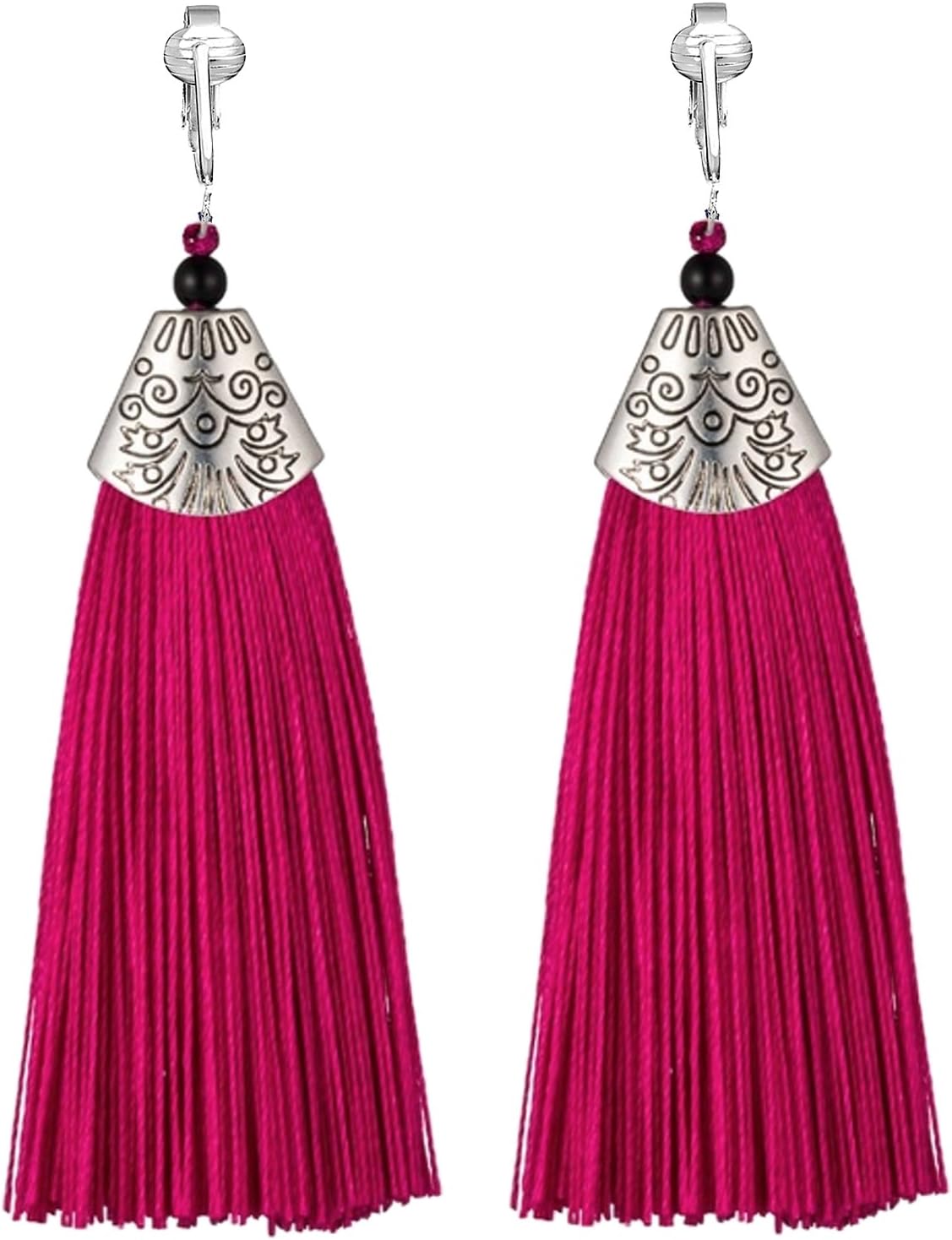 Aloha Earrings-Clip On Tassel Earrings-Dangle Clip On Earrings Silk Tassel Long Clip Earrings Bohemian