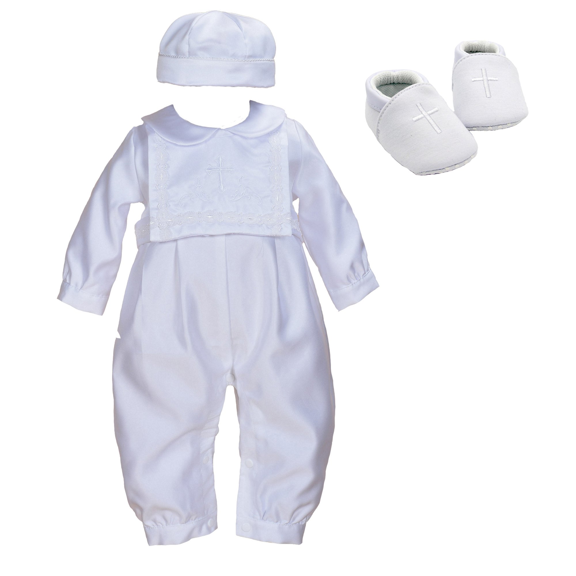 Cinda 3 Piece Boys Satin Christening Romper Hat Bib and Shoes, 6-9 Months, White