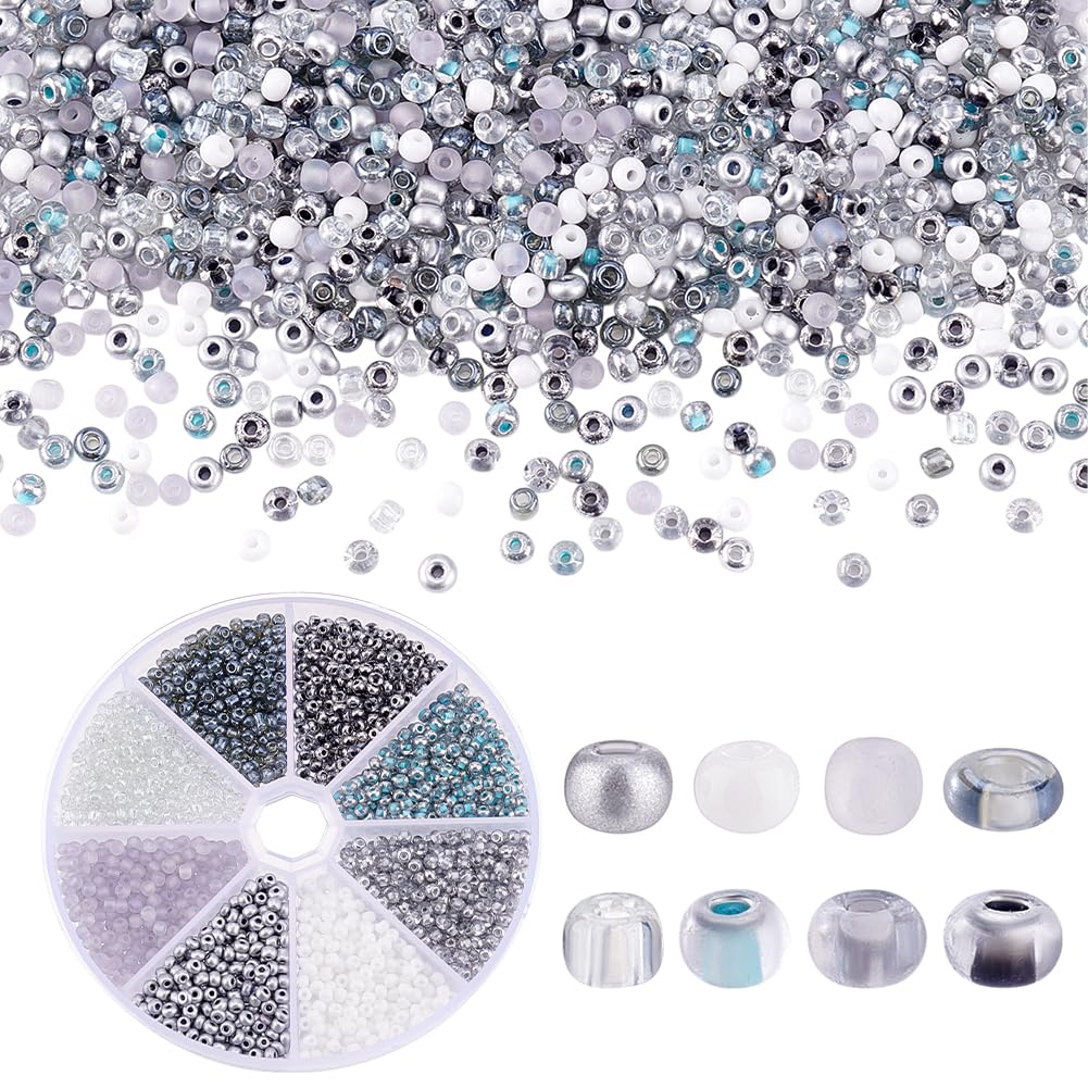 PH PandaHall 3mm Glass Seed Beads, 8 Colours Waist Beads Spacer Bead Craft Bead for DIY Crafts Embroidery Earring Bracelet Necklace Christmas Jewellery Making, Grey Series Hole 1mm