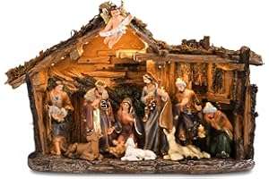 Bshine Nativity Scene Set Christmas Decor, Wooden Stable with LED Lights 12.4x9.05 Holy Family with Manger Baby Jesus Figurine, Nativity Scene Indoor Decor Home Desktop Collectible Ornaments