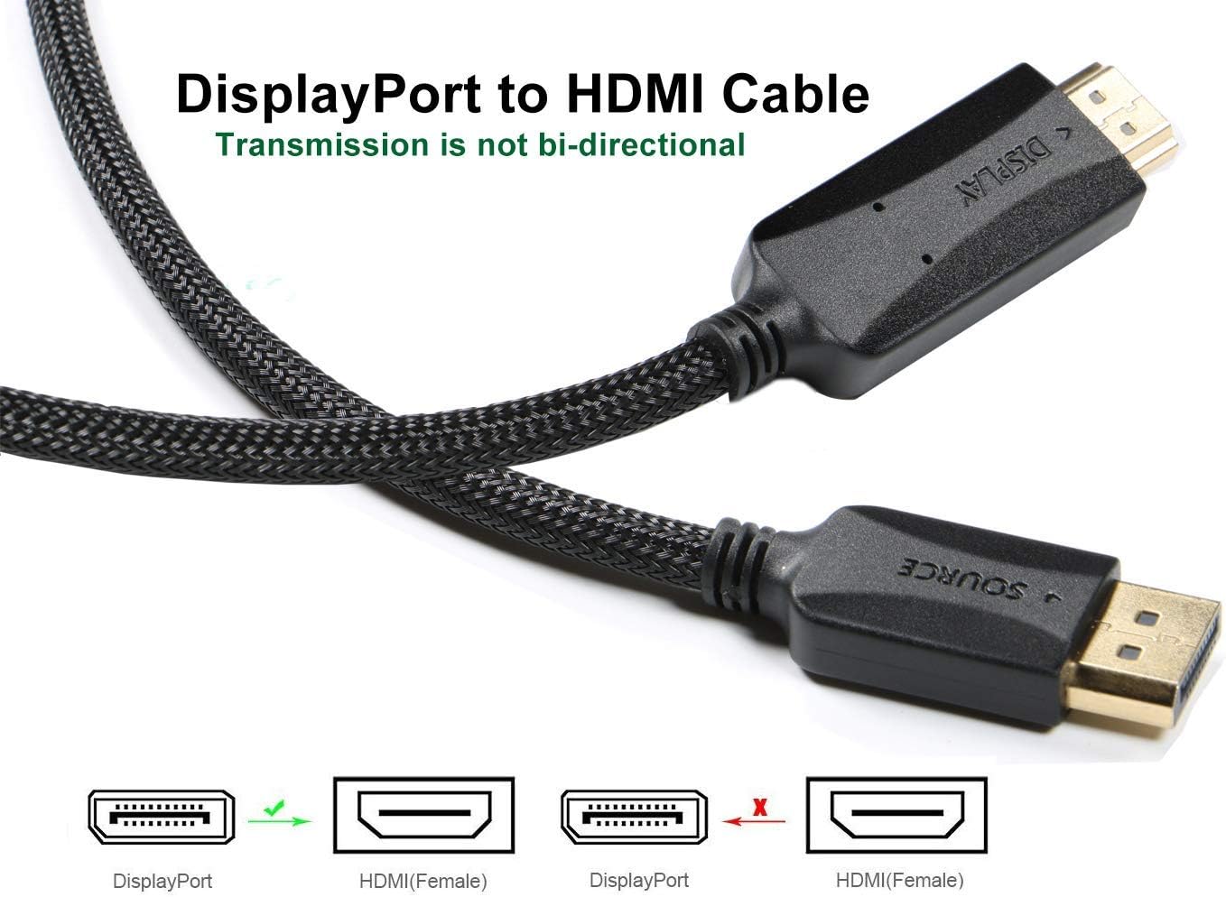 DisplayPort to HDMI Cable 6 ft, DP Display Port to HDMI Cable Adapter 6 feet Braided Male to Male Supports Video and Audio for DELL, HP, ASUS, etc: Computers & Accessories