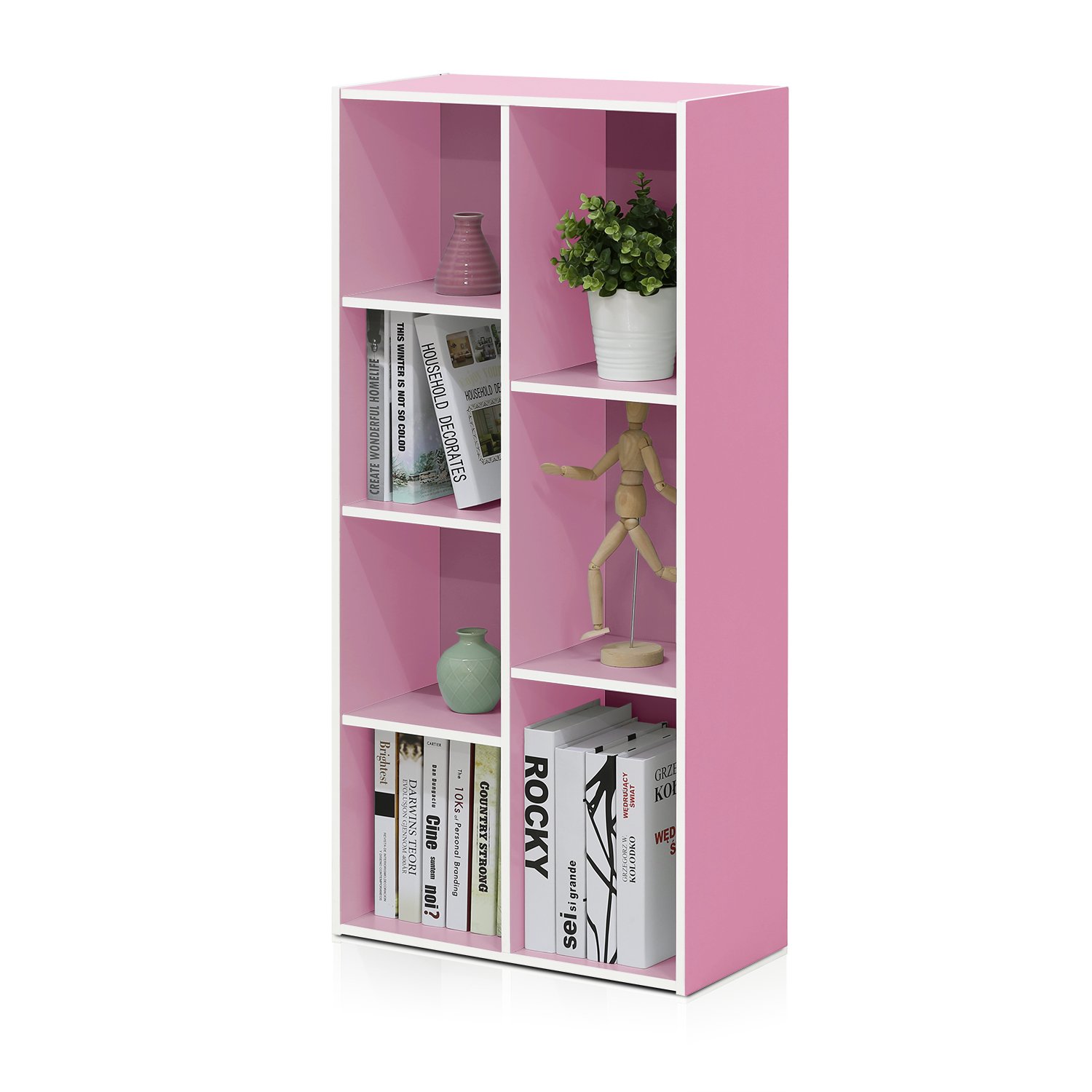 Furinno LUDER Book Shelf, 7-Cube Bookshelf, Bookcase, 9.4 x 19.5 x 41.7, for Living Room, Bedroom, Home Office, White/Pink