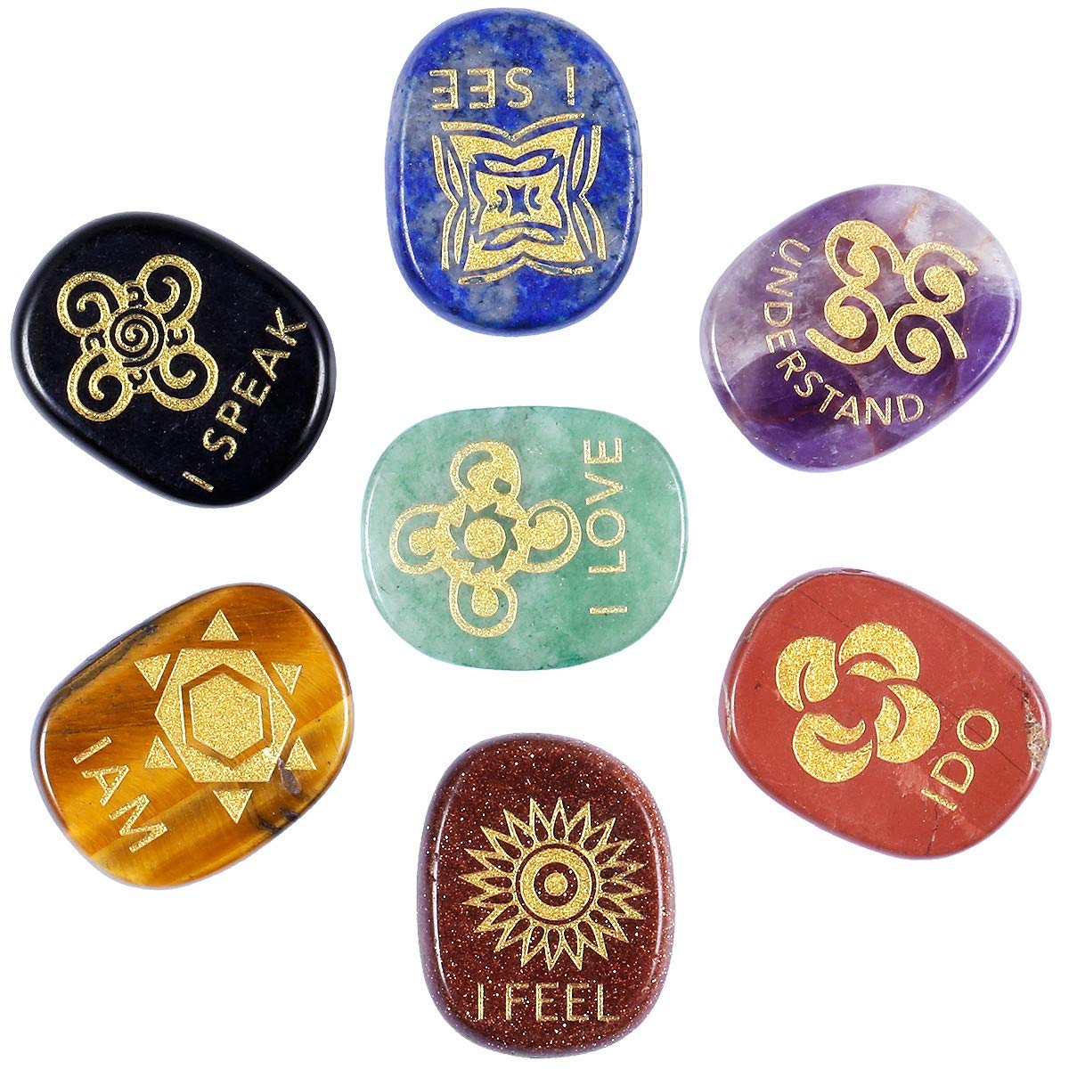 rockcloud Healing Crystal English Symbol Witches Rune Set Chakra Stones Palm Stone Reiki Balancing, 7 Pcs