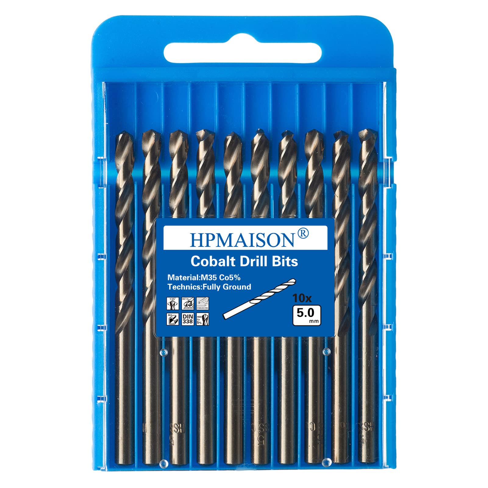 HPMAISON True 5% Cobalt Jobber Drill Bit Set, 10Pcs 5mm M35 High Speed Steel Twist Drill Bits, 135° Split Point Extremely Heat Resistant for Stainless Steel, Cast Iron, Hard Metal, Plastic, Wood