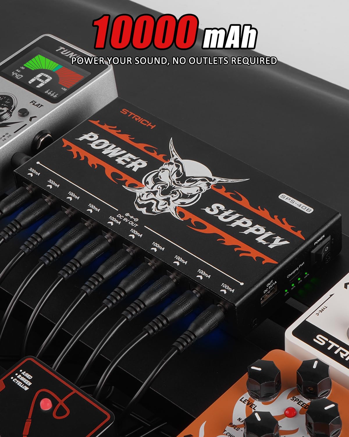 STRICH SPS-40B Wiederaufladbarer Akku Gitarre Effektpedal Netzteil mit eingebautem 10000mAh 10 Ausgängen DC 9V (2x300mA, 8x100mA) Buchsen für Gitarre Bass Pedale, 5V/1A USB Port für Telefon 2