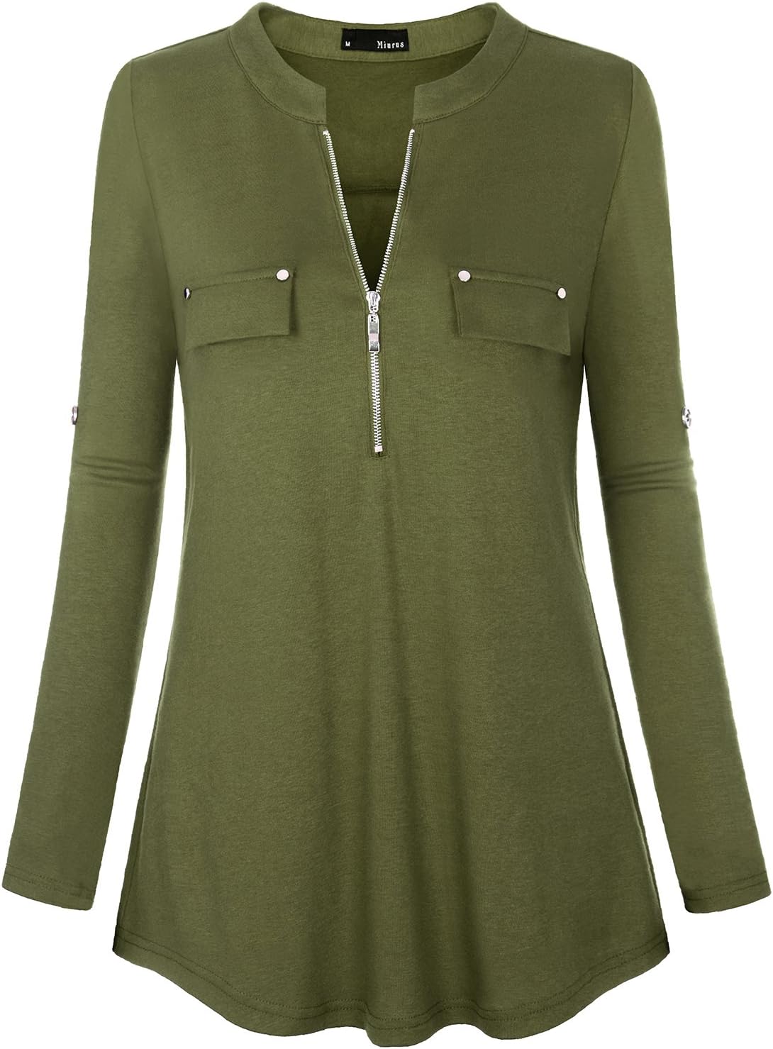 Miurus Women's Notch-V Neck Long Sleeve Roll-Up Sleeve Zip Up Casual Shirt Blouse Tops