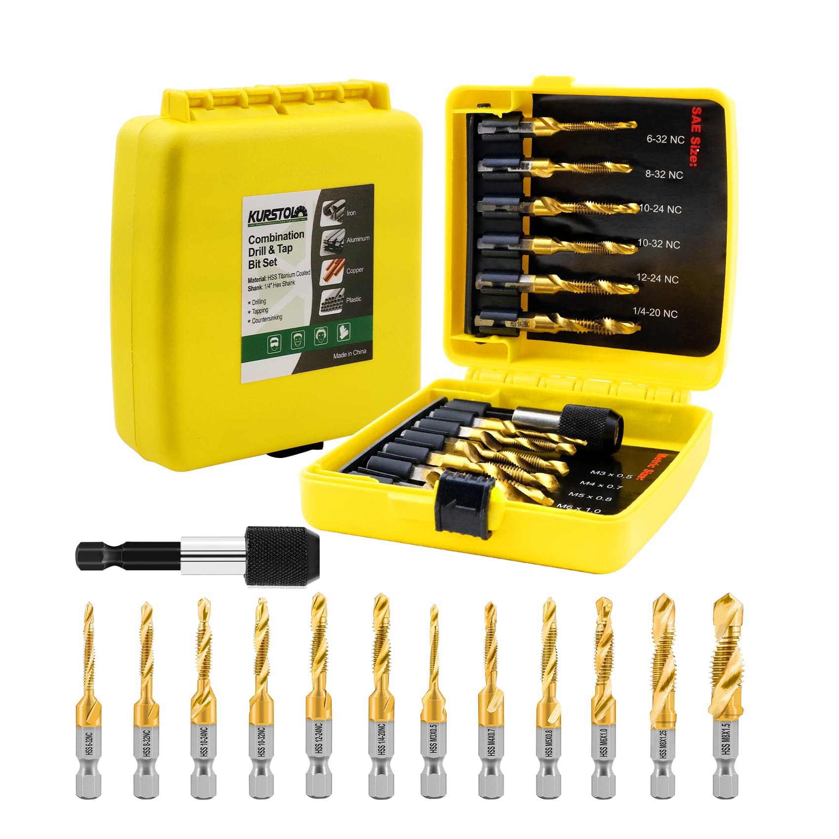 KURSTOL HSS Tap Bit Set - 13pcs SAE/Metric Combination Drill Tap for Drilling, Tapping, Countersinking, Titanium Combination Drill with Quick Change Shank Extension Rod Fixed on Tapping Machine