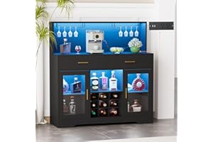 SAHISTCT Wine Bar Cabinet with LED Light, Coffee Bar Cabinets with Power Outlet, Home Liquor Cabinets with Glass Holder&Wine Racks, Modern Buffet Sideboard with Storage (Bar Cabinet)