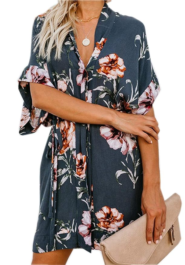 ZIYYOOHY Damen Elegant V-Ausschnitt Blumendruck Einfarbig Kimono Design Kurz Sommerkleid Blusenkleid Minikleid