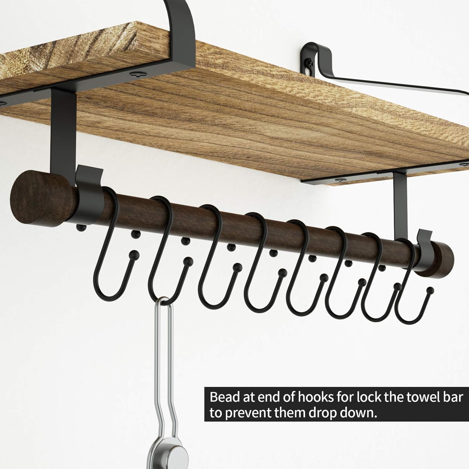 Love-KANKEI Floating Shelf Wall Shelf for Storage Rustic Wood Kitchen Spice Rack with Towel Bar and 8 Removable Hooks for Organize Cooking Utensils or Mugs Carbonized Black: Kitchen & Dining