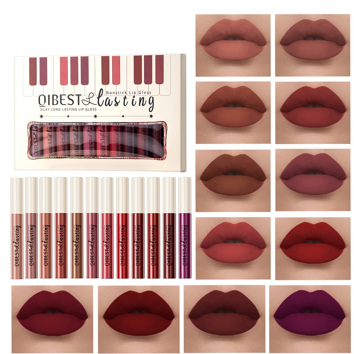 Pakivs 12Pcs Matte Liquid Lipstick Set, Dark Bright Red 24-hour Lip Gloss Kit Long-Lasting Waterproof Lip Stain Non-Stick Cup Not Lipgloss Set for Women