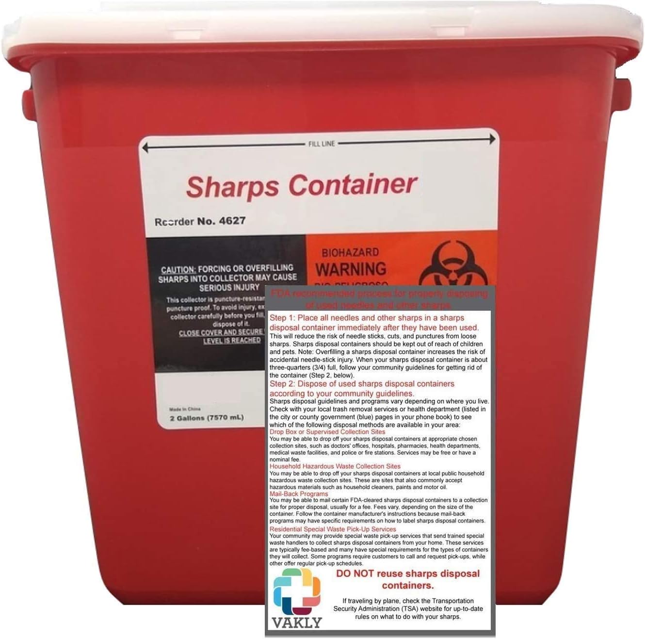 Sharps Container 2 Gallon - Plus Vakly Biohazard Disposal Guide (1 Pack)