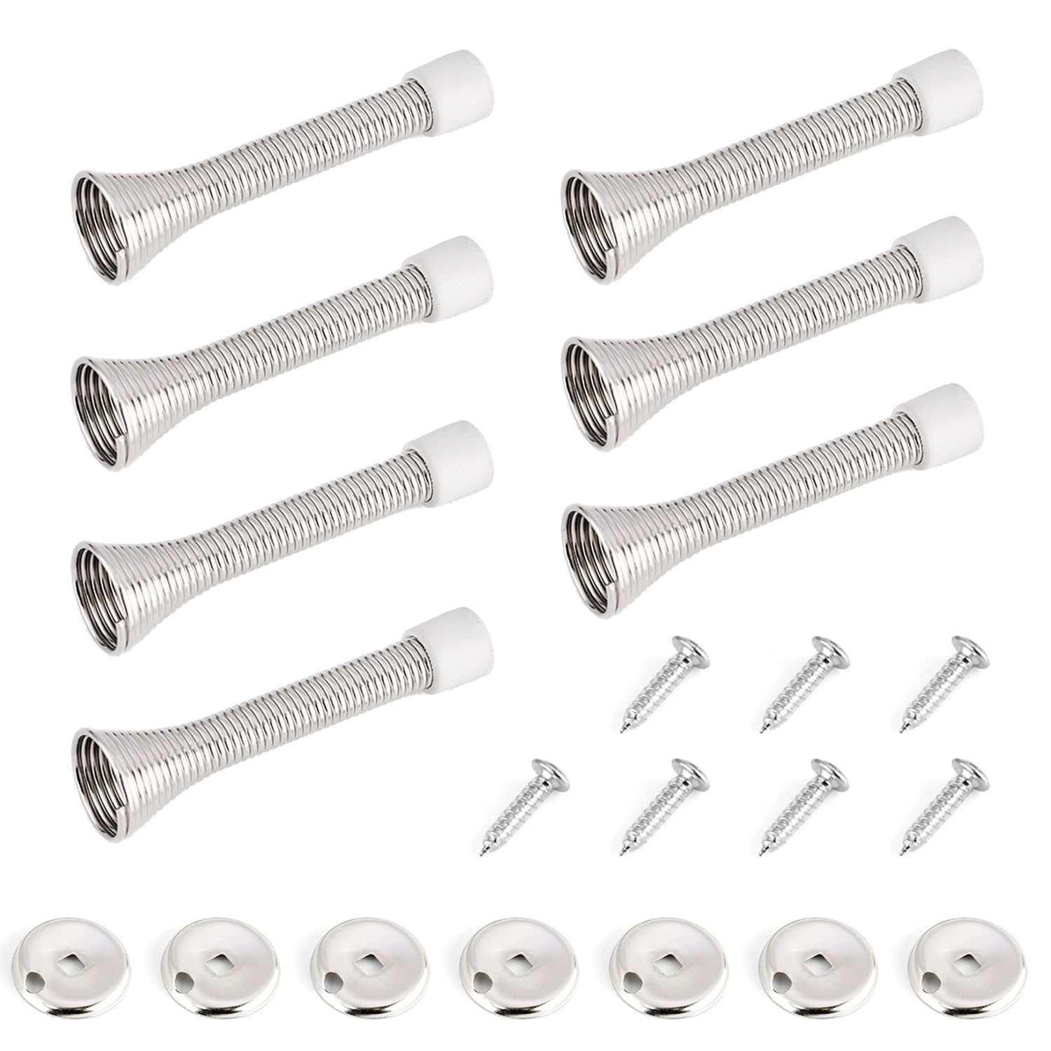 SYEYCW 7 Pcs Spring Door Stops with Anti-Slip Rubber Tip, 85mm Wall Mounted Chrome Metal Door Stoppers with Screws Base Plate, Long Sprung Stopper, Skirting Board Buffer, for Protect Walls and Doors