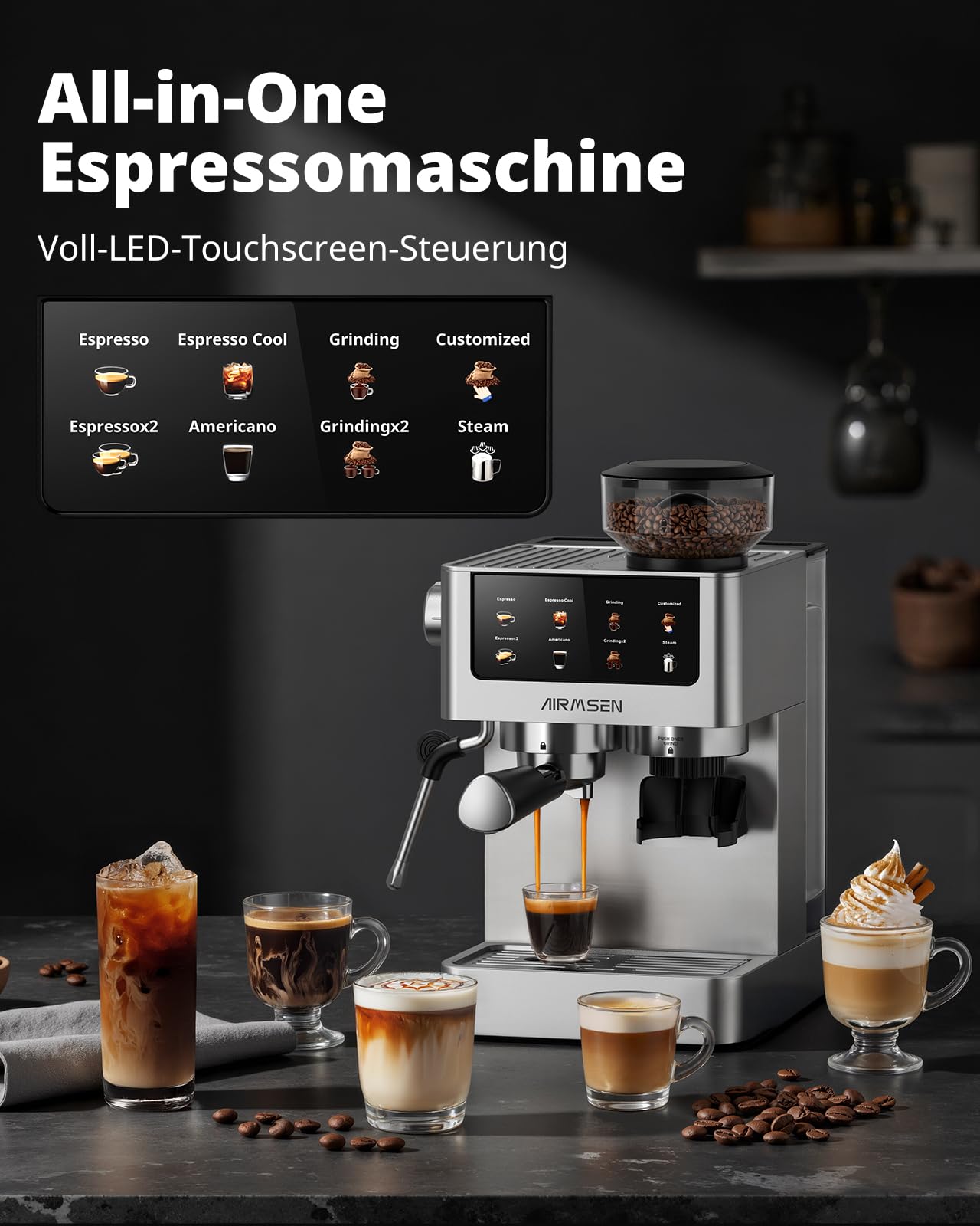 AIRMSEN 20 Bar Siebträgermaschine mit Kegelmahlwerk & Milchschäumer, 1.8L Wassertank, Edelstahl Espressomaschine Kaffeemaschine für Americano, Cappuccino und Latte 2