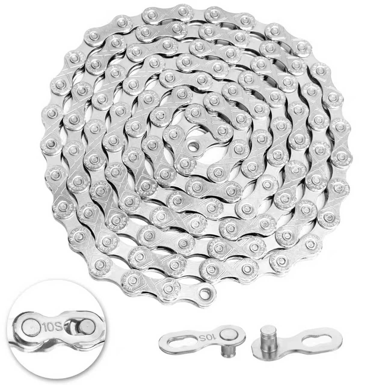 Photo 1 of 10 Speed Bike Chain,VDHU Bicycle Chain for Road Bicycles,Mountain Bike,MTB Mountain Racing Cycling Accessories with 1 Pairs Bicycle Buckle,Full Silver Plating 116 Links with Quick Link